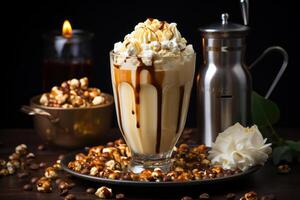 ai gegenereerd zoet milkshake met karamel siroop, room likeur, karamel popcorn en chocola poeder Aan een bruin achtergrond met een wijnoogst koffie Slijper. foto