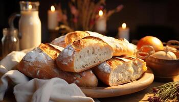 ai gegenereerd een eigengemaakt fijnproever maaltijd vers ciabatta brood en gebakken vlees gegenereerd door ai foto