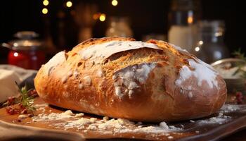 ai gegenereerd vers gebakken eigengemaakt brood Aan rustiek houten tafel gegenereerd door ai foto