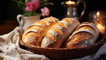 ai gegenereerd vers gebakken eigengemaakt brood Aan rustiek houten tafel gegenereerd door ai foto