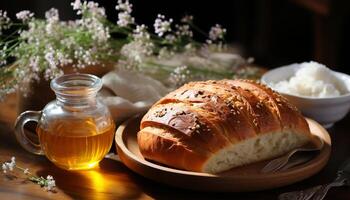 ai gegenereerd een rustiek tafel, eigengemaakt brood, vers maaltijd, gezond aan het eten gegenereerd door ai foto