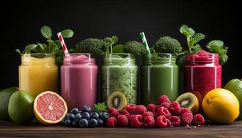 ai gegenereerd versheid en verscheidenheid Aan de tafel biologisch fruit smoothie gegenereerd door ai foto