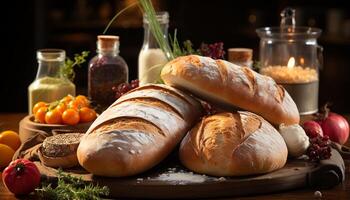ai gegenereerd vers gebakken brood Aan houten tafel, gezond en heerlijk gegenereerd door ai foto