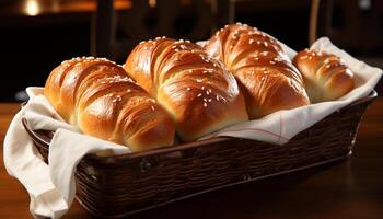 ai gegenereerd versheid van eigengemaakt gebakken brood, zoet bun Aan rieten mand gegenereerd door ai foto