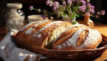 ai gegenereerd vers gebakken brood Aan rustiek houten tafel, een fijnproever genot gegenereerd door ai foto