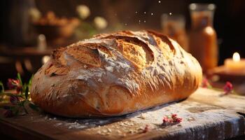 ai gegenereerd vers gebakken rustiek eigengemaakt ciabatta Aan houten tafel gegenereerd door ai foto