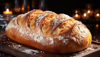 ai gegenereerd vers gebakken brood Aan rustiek tafel, klaar naar eten fijnproever maaltijd gegenereerd door ai foto