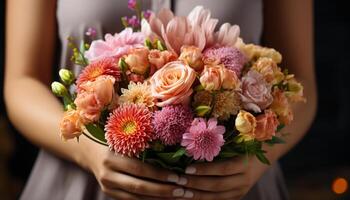 ai gegenereerd Dames Holding boeket van vers bloemen, natuur kleurrijk decoratie gegenereerd door ai foto