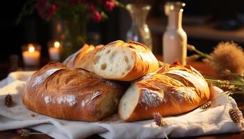 ai gegenereerd een eigengemaakt ciabatta brood, vers en heerlijk Aan de tafel gegenereerd door ai foto