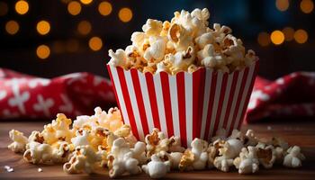 ai gegenereerd vers popcorn in gestreept emmer, perfect film theater tussendoortje gegenereerd door ai foto