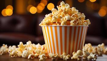 ai gegenereerd aan het kijken film, aan het eten popcorn, verfrissend drankje, gestreept emmer gegenereerd door ai foto