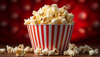 ai gegenereerd aan het kijken film, zich overgeven aan in zoet popcorn, verfrissend drinken gegenereerd door ai foto