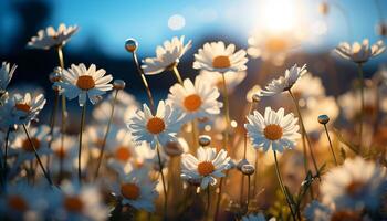 ai gegenereerd een weide van madeliefjes, natuur kleurrijk zomer patroon gegenereerd door ai foto