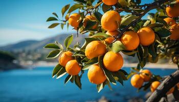 ai gegenereerd vers citrus fruit hangende Aan een oranje boom in natuur gegenereerd door ai foto