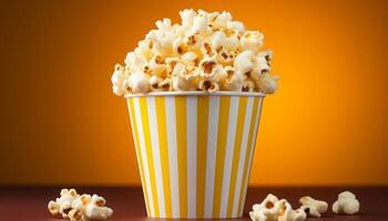 ai gegenereerd een gestreept emmer van popcorn, een geel kom van snoep gegenereerd door ai foto