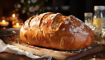 ai gegenereerd vers gebakken brood Aan houten tafel, een eigengemaakt fijnproever maaltijd gegenereerd door ai foto