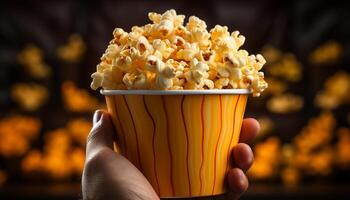 ai gegenereerd hand- Holding een kom van vers popcorn Bij de films gegenereerd door ai foto