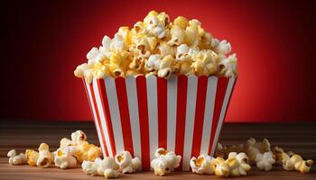 ai gegenereerd aan het kijken een film, snacken Aan vers popcorn in een theater gegenereerd door ai foto