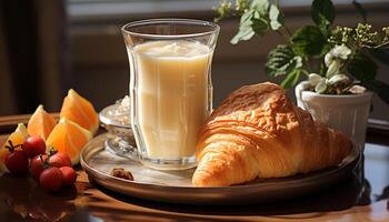 ai gegenereerd vers croissant en koffie Aan houten tafel, een verrukkelijk ontbijt gegenereerd door ai foto