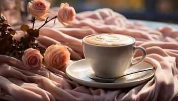 ai gegenereerd een vers cappuccino Aan een houten tafel, een knus genot gegenereerd door ai foto