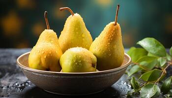 ai gegenereerd gezond aan het eten vers, rijp, biologisch fruit Aan houten tafel gegenereerd door ai foto