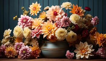 ai gegenereerd een mooi boeket van kleurrijk bloemen siert de houten tafel gegenereerd door ai foto