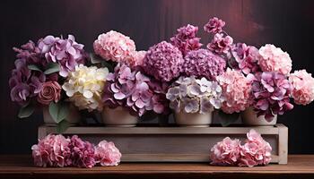 ai gegenereerd een mooi boeket van roze en Purper bloemen siert de tafel gegenereerd door ai foto