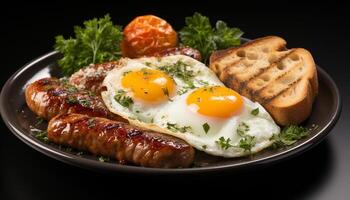 ai gegenereerd gegrild varkensvlees, brood, gebakken ei, tomaat, peterselie, gezond aan het eten gegenereerd door ai foto