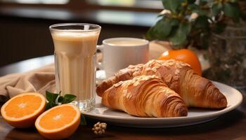 ai gegenereerd vers croissant en koffie Aan houten tafel, een fijnproever genot gegenereerd door ai foto