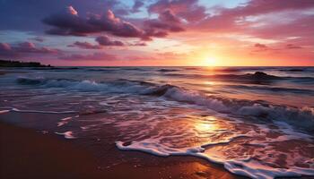 ai gegenereerd zonsondergang over- de rustig kustlijn, natuur schoonheid weerspiegeld in water gegenereerd door ai foto