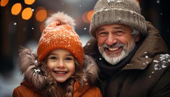 ai gegenereerd glimlachen familie omarmt winter, vieren liefde en saamhorigheid gegenereerd door ai foto