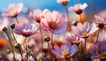 ai gegenereerd levendig zomer weide, een boeket van kleurrijk wilde bloemen Bij dageraad gegenereerd door ai foto