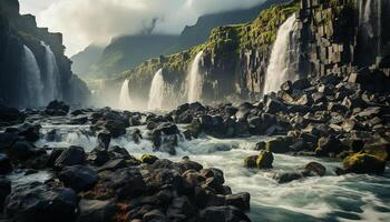 ai gegenereerd majestueus berg bereik, vloeiende water, mist, en vulkanisch landschap gegenereerd door ai foto