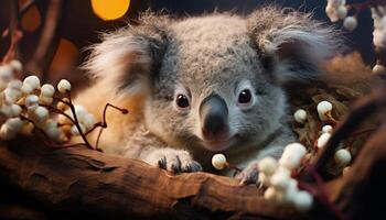 ai gegenereerd schattig koala zittend Aan tak, op zoek Bij camera gegenereerd door ai foto