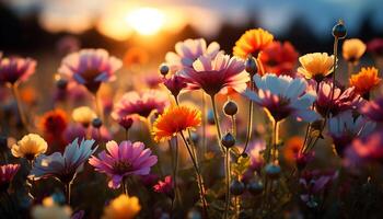 ai gegenereerd een levendig weide bloesems met kleurrijk bloemen Bij zonsondergang gegenereerd door ai foto