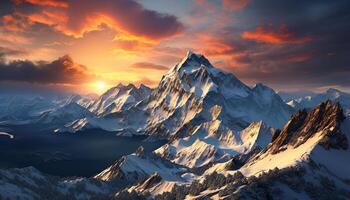ai gegenereerd majestueus berg piek, sneeuw gedekt landschap, rustig zonsopkomst gegenereerd door ai foto