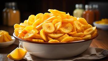 ai gegenereerd vers fruit kom Aan houten tafel, een gezond zomer tussendoortje gegenereerd door ai foto