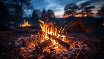 ai gegenereerd brandend hout ontsteekt hel, gloeiend sintel verwarmt buitenshuis picknick gegenereerd door ai foto