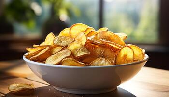 ai gegenereerd versheid en knarsen in een kom van bereid aardappel chips gegenereerd door ai foto