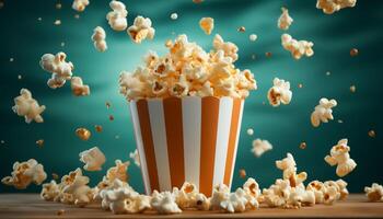 ai gegenereerd aan het kijken een film, snacken Aan popcorn, pret in de theater gegenereerd door ai foto