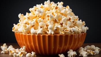 ai gegenereerd versheid in een schaal, film theater mildheid, popcorn morsen gegenereerd door ai foto