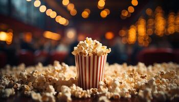 ai gegenereerd fijnproever snacks in een rij, aan het kijken film in theater gegenereerd door ai foto