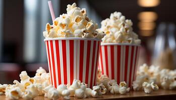 ai gegenereerd aan het kijken een film, aan het eten popcorn, genieten van de film industrie gegenereerd door ai foto