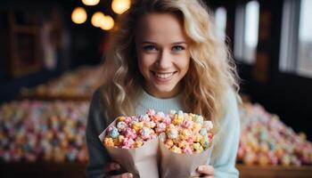 ai gegenereerd glimlachen Kaukasisch vrouw genieten van zoet snoep, vieren binnenshuis met vertrouwen gegenereerd door ai foto