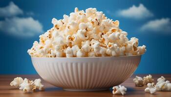 ai gegenereerd vers popcorn in een blauw schaal, perfect film theater tussendoortje gegenereerd door ai foto