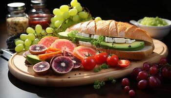 ai gegenereerd versheid en verscheidenheid Aan een houten tafel gezond aan het eten feest gegenereerd door ai foto