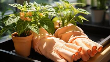 ai gegenereerd mannen en Dames werken buitenshuis, aanplant groen zaailingen in bloem potten gegenereerd door ai foto