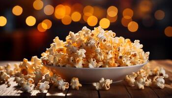 ai gegenereerd vers popcorn in een geel schaal, perfect film theater tussendoortje gegenereerd door ai foto