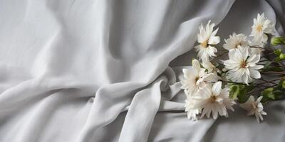 ai gegenereerd wit linnen kleding stof met een boeket van vers bloemen. generatief ai foto
