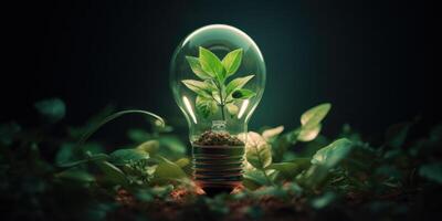 ai gegenereerd eco energie concept, fabriek groeit in licht lamp. duurzame hernieuwbaar stroom. eco innovatie. generatief ai foto